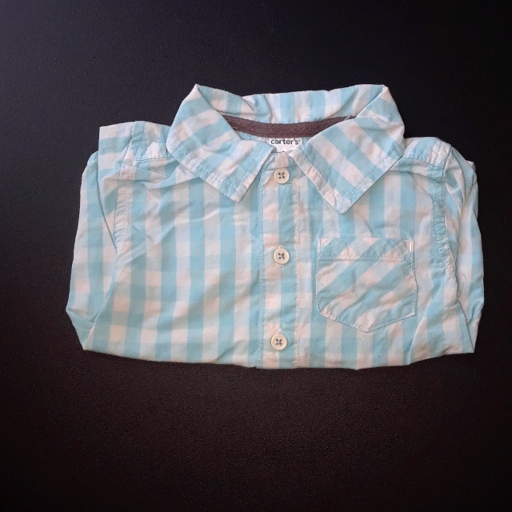 Boys Plaid White & Blue button down T-shirt with pocket